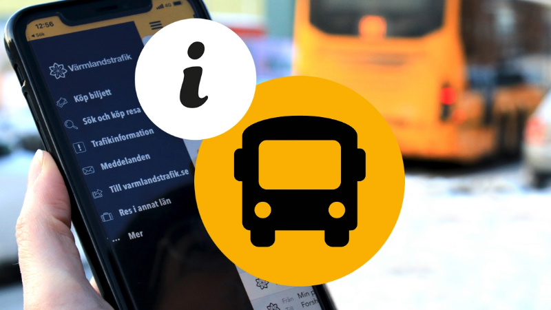 En hand håller en mobil. På skärmen syns Värmlandstrafiks app i öppnat läge, där menyn visas. I förgrunden finns en gul symbol med en svart buss samt en ikon som visar bokstaven i.