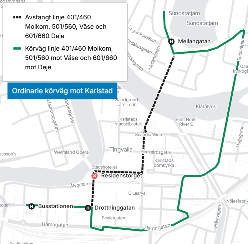 Karta som visar körvägen för linje 401/460 mot Molkom, 501/560 mot Väse samt 601/660 mot Deje vid Stora torget.