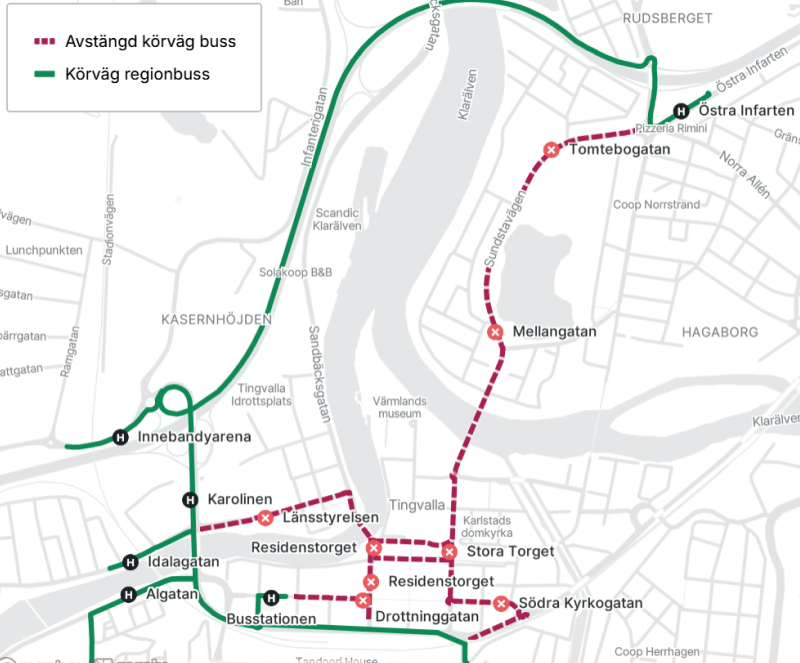 En karta som visar hur regiontrafiken går under stadsloppet. 