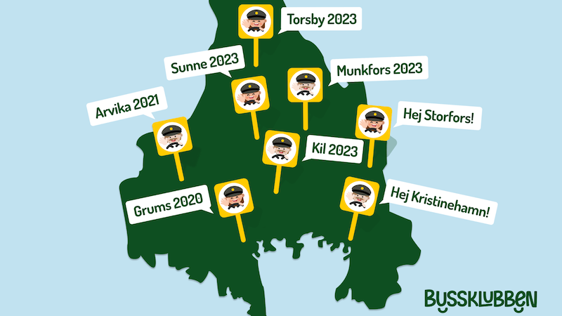 En karta som visar var appen Bussklubben är tillgänglig 