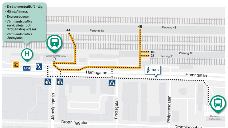 Kart över Centralstationen i Karlstad som visar gångvägarna till spår 4A och 4B. 