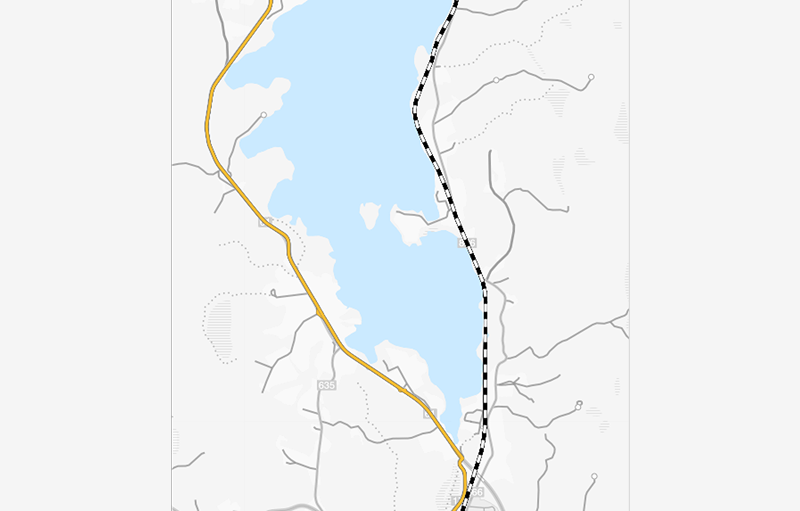 En illustrerad karta som visar hur linjedragning frö buss och tåg ska illustreras. 
