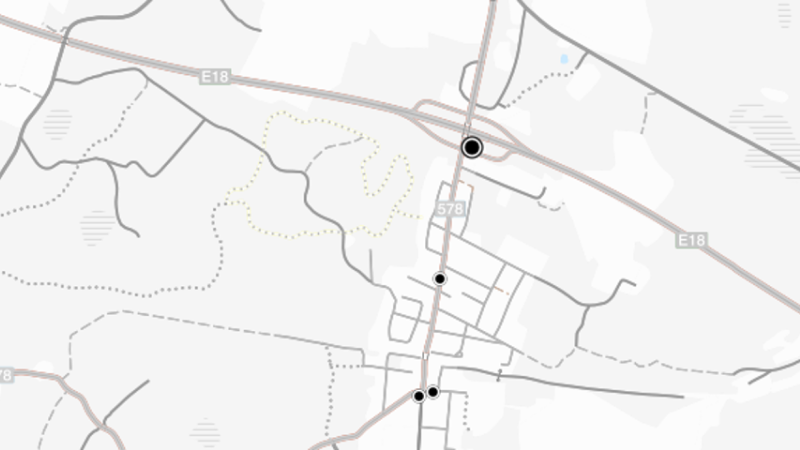 Illustrerad karta som visar hur hållplatser ska markeras ut - med svart punkter. 