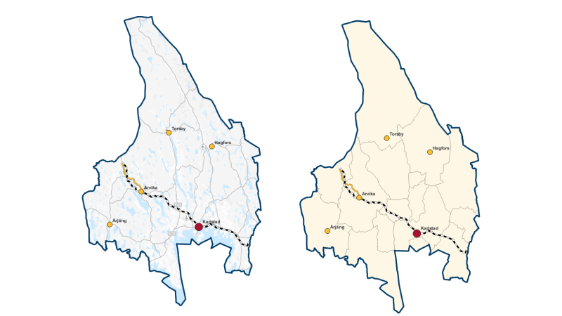 Två grafiska kartor med olika bakgrund, en gul och en blå. 