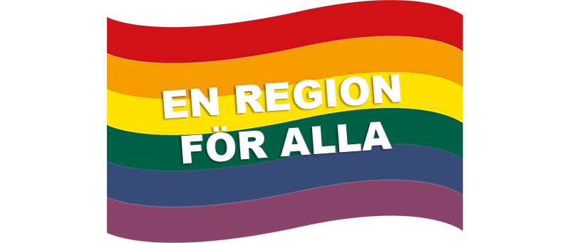 Bilden visar en regnbågsflagga med texten En region för alla.