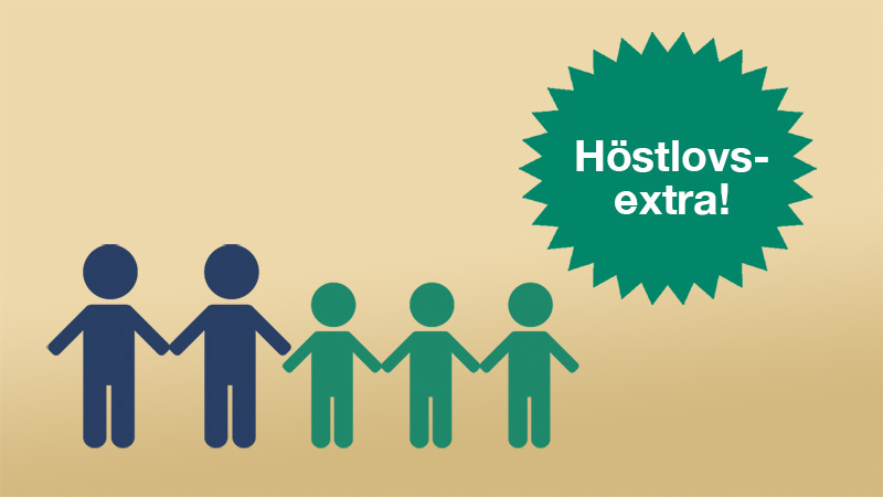 Gul bild med illustrationer av två vuxna och och tre barn. Det finns en cirkel med texten Höstlovsextra!