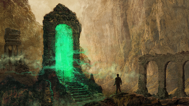 En illustrerad bild av en fantasivärld där en person går mot en grönlysande port. 