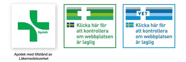 Ett grönt kors på vit bakgrund visar att apoteket har tillstånd i Sverige. Ett grön respektive ett blått fält med vitt kors visar EU-gemensam logotyp.