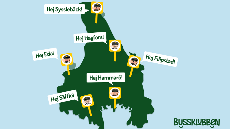 Illustrerad karta över Värmland med en förare som säger hej från varje kommun