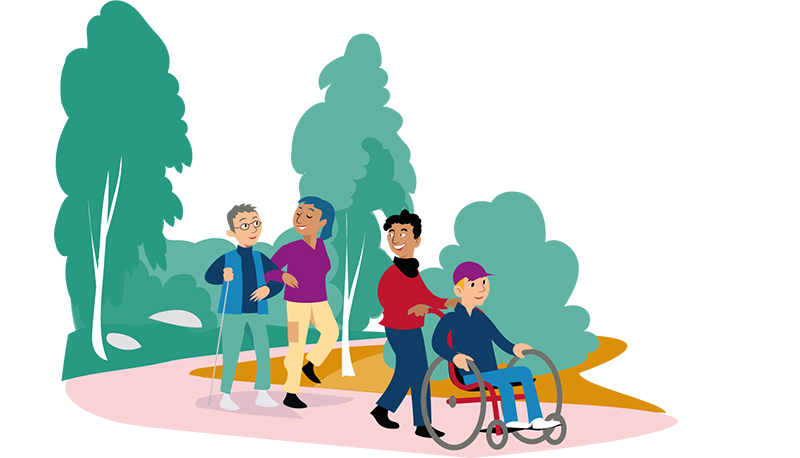 Bilden visar fyra personer på en vandringsled. En av personerna sitter i rullstol.