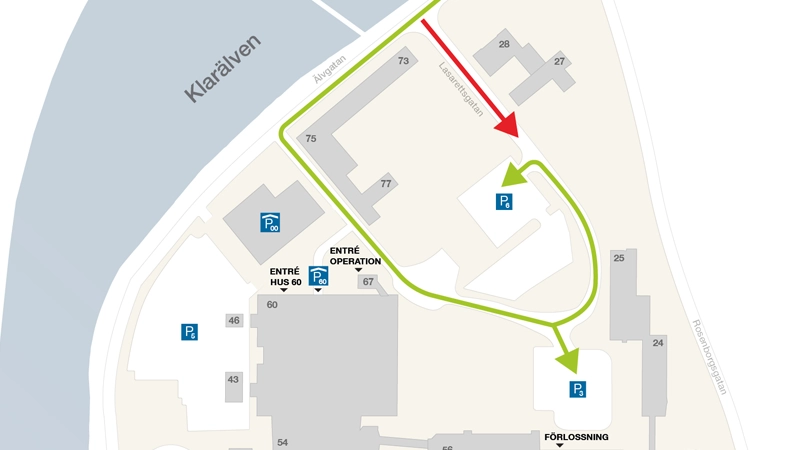 Bilden visar en karta över sjukhusområdet. Grönt markerar hur trafiken leds om.