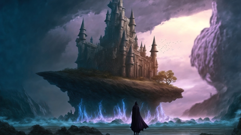 Flygande slott med mörk bakgrund och mystisk karaktär framför