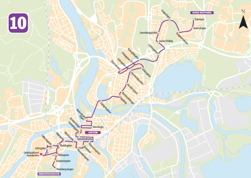 Karta över Karlstad med linje 10:s dragning markerad i lila