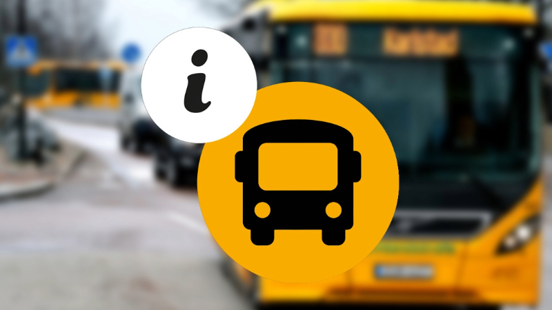 Gul regionbuss i stadsmiljö med annan trafik synlig i bakgrunden. Fotot är suddigt. I förgrunden finns en gul symbol med en svart buss samt en ikon som visar ett i (som i information).