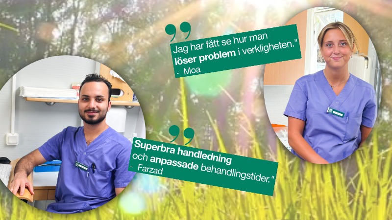 bild på Moa och Farzad i behandlingsrummet med ett varsitt citat i text om vad de tyckte om Sommarskolan