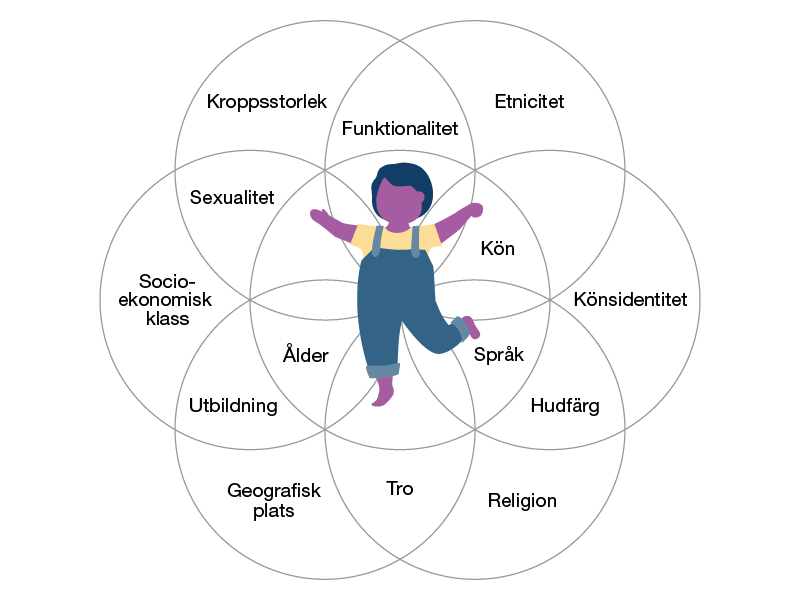Illustration av ett barn inuti en mängd cirklar. I cirklarna står orden kroppstorlek, funktionalitet, etnicitet, kön, könsidentitet, språk, hudfärg, religion, tro, geografisk plats, ålder, utbildning, socioekonomisk klass, sexualitet.