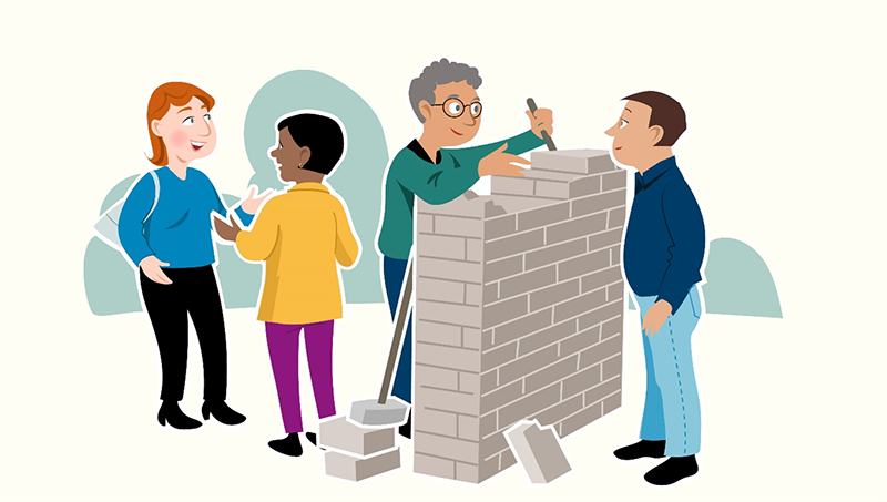 Illustration över hur en mur monteras ner för att inkludera alla.