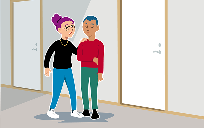 Illustration där en person har en hand på axeln på en annan person som ser ledsen ut.