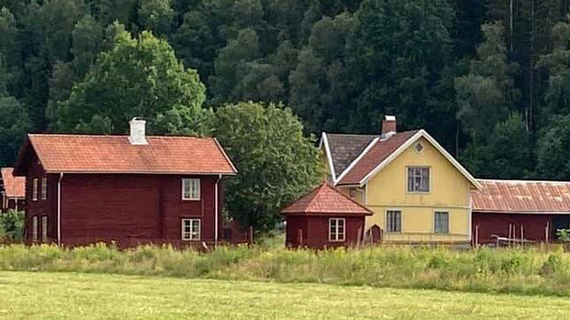 Landsbygdsvy med äldre hus och skog.