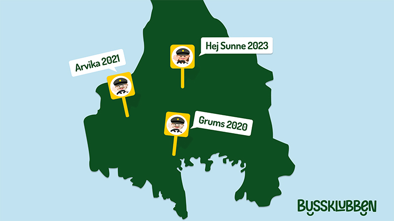 Karta över de orter där Bussklubben finns – Arvika, Grums och Sunne.