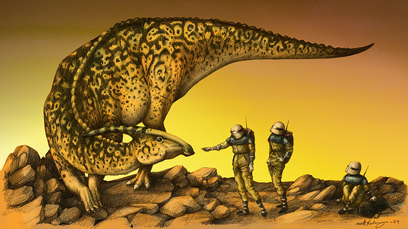 Illustration i orangea färger med tecknad dinosaurie som luktar på en av tre personer i rymddräkter.