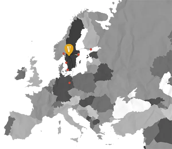 Map over Europe with Värmland marked with a V.