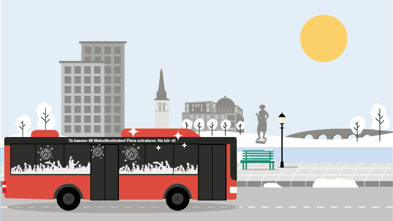 Buss på väg till Melodifestivalen i Karlstad. Illustrerad bild.