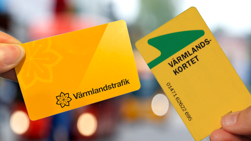 Bild på två gula resekort som används hos Värmlandstrafik.