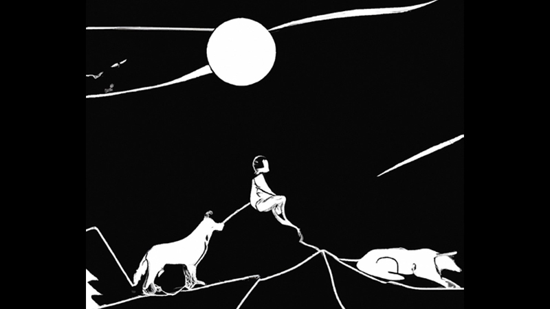 Svart och vit illustration av en pojk sittande på en kulle med två varghundar i närheten och månen i bakgrunden.