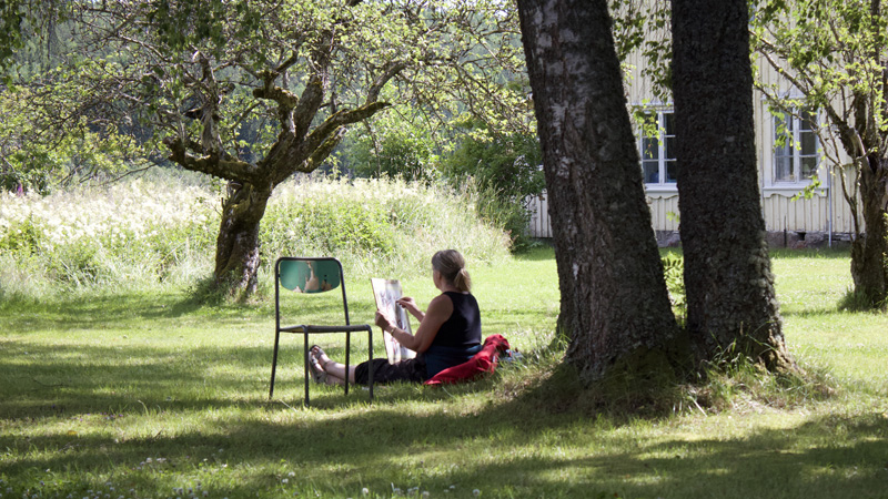 En person sitter i skuggan av ett träd och målar. 