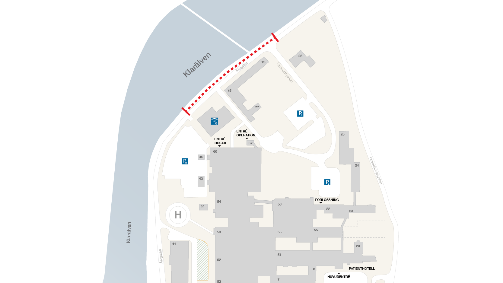 Utsnitt ur karta över sjukhusområdet. Där är det markerat var Älvgatan har ett avstängt körfält.