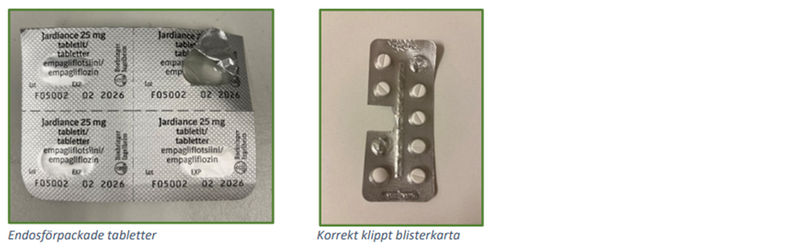Baksidan av förpackning av endosförpackade tabletter. En förpackning där en tablett är bortklippt.