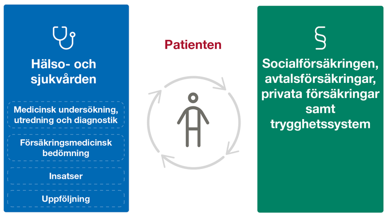 Figur som beskriver hälso- och sjukvårdens roll och sociala försäkringssystemets roll kring patienten.