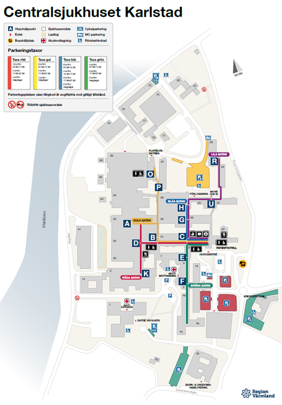 En kartbild som visar vilka parkeringar som påverkas vid Centralsjukhuset