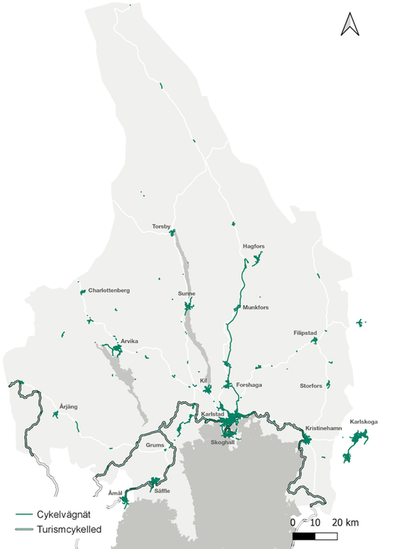 Karta över Värmland som visa vilka cykelvägnät och turismcykelleder det finns. 