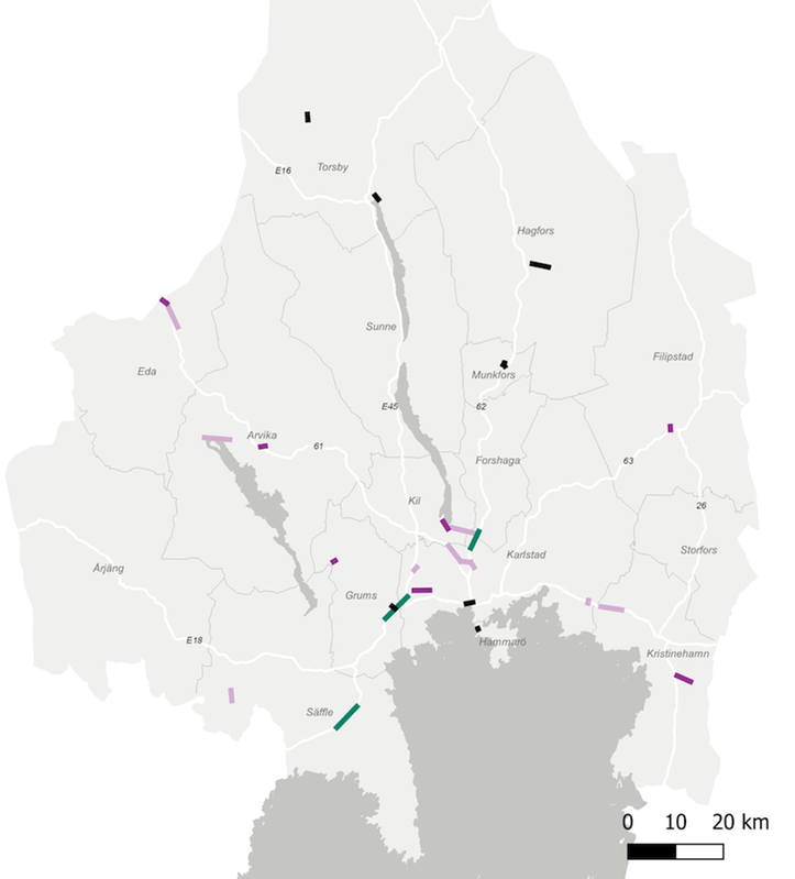 Karta över Värmland där prioriterade regionala cykelkopplingar är markerade
