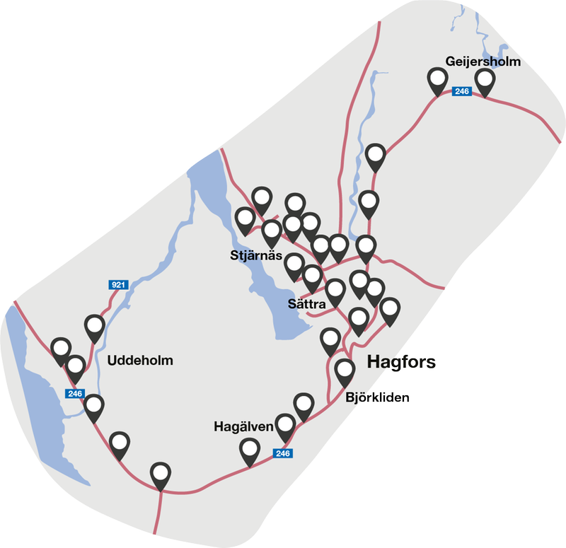 Karta som visar 60 hållplatser i Hagfors, Uddeholm och Geijersholm.