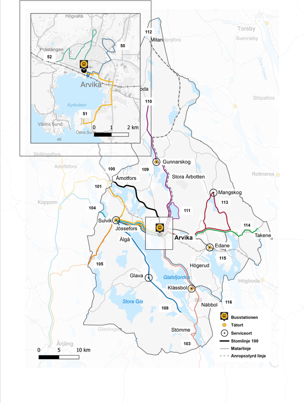 En karta som visar Arvikas kollektivtrafikslinjer