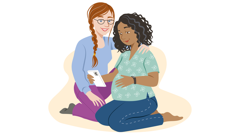 Illustration av två kvinnor sittandes på golvet, varav en är gravid.