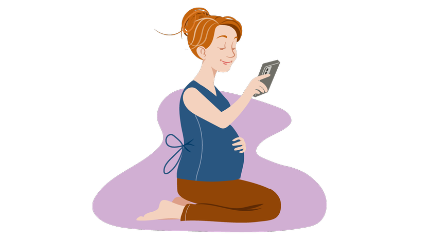 Illustration med glad gravid kvinna hållandes en mobiltelefon.