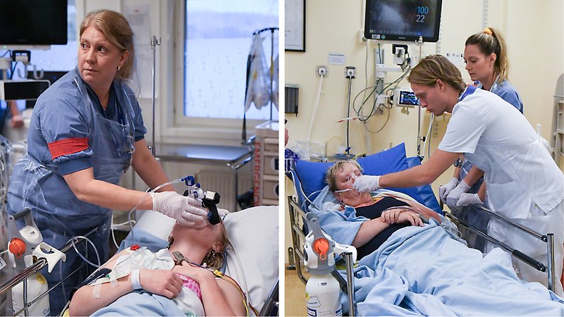 Sjukvårdspersonal som sätter syrgas på patient.