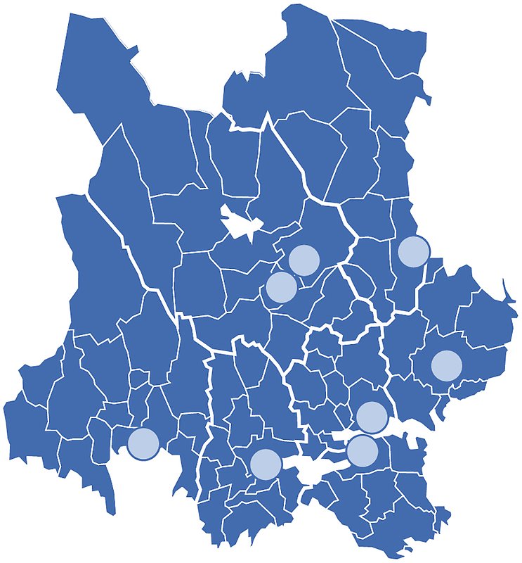 Karta på Mellansverige med län, kommuner och orter med högre lärosäten.
