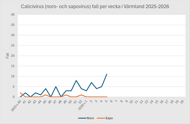 Diagram över antal fall av calicivirus i Värmland under säsongen 2025-2026.