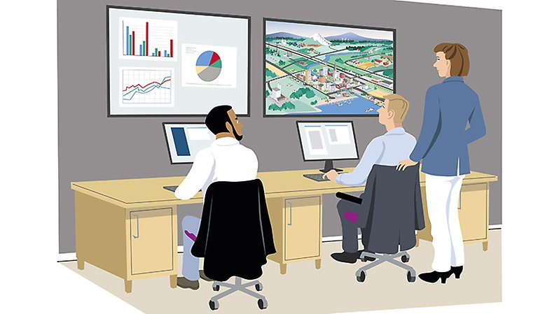 Två sittande och en stående person tittar på skärmar på väggen. 