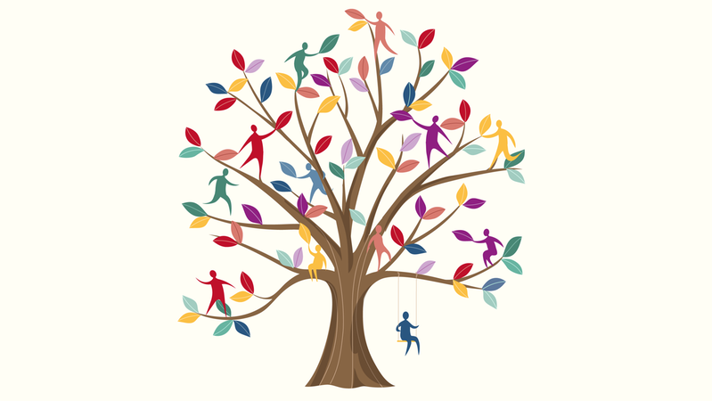 Bilden är ett tecknat träd med löv i många olika färger. Människofigurer klättrar på grenarna.