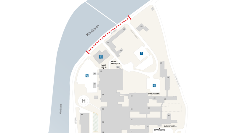 Utsnitt ur karta över sjukhusområdet. Där är det markerat var Älvgatan har ett avstängt körfält.